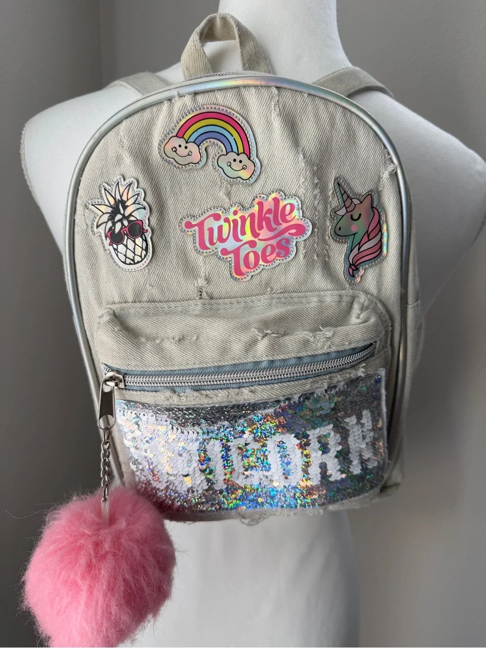 Sketchers Twinkle Toes Unicorn Mini Backpack with Pink Pom Pom and patches